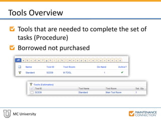 MC University
Tools Overview
Tools that are needed to complete the set of
tasks (Procedure)
Borrowed not purchased
 