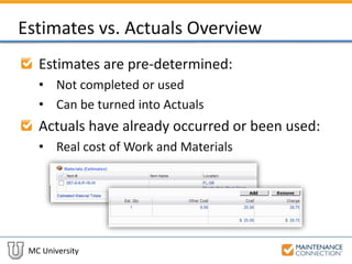 MC University
Estimates vs. Actuals Overview
Estimates are pre-determined:
• Not completed or used
• Can be turned into Actuals
Actuals have already occurred or been used:
• Real cost of Work and Materials
 