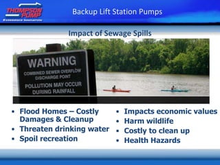 • Flood Homes – Costly
Damages & Cleanup
• Threaten drinking water
• Spoil recreation
Impact of Sewage Spills
Backup Lift Station Pumps
• Impacts economic values
• Harm wildlife
• Costly to clean up
• Health Hazards
 