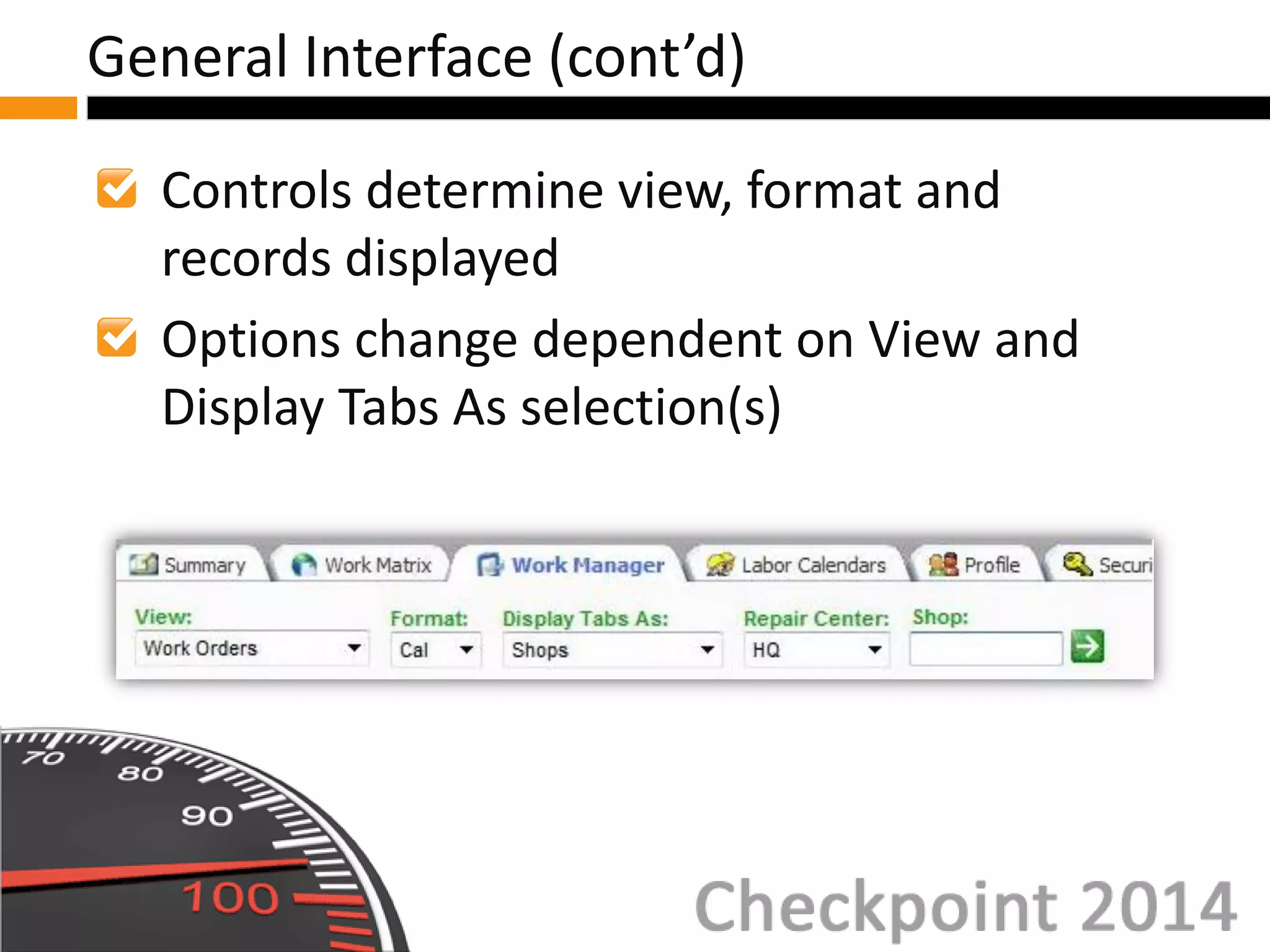 Controls determine view, format and
records displayed
Options change dependent on View and
Display Tabs As selection(s)
General Interface (cont’d)
 