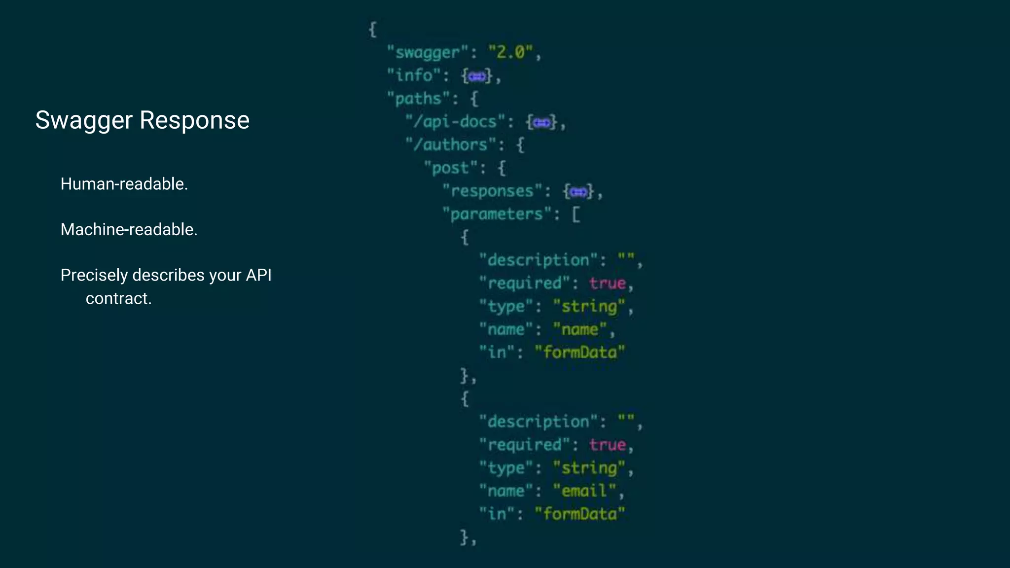 Swagger Response Human-readable. Machine-readable. Precisely describes your API contract.