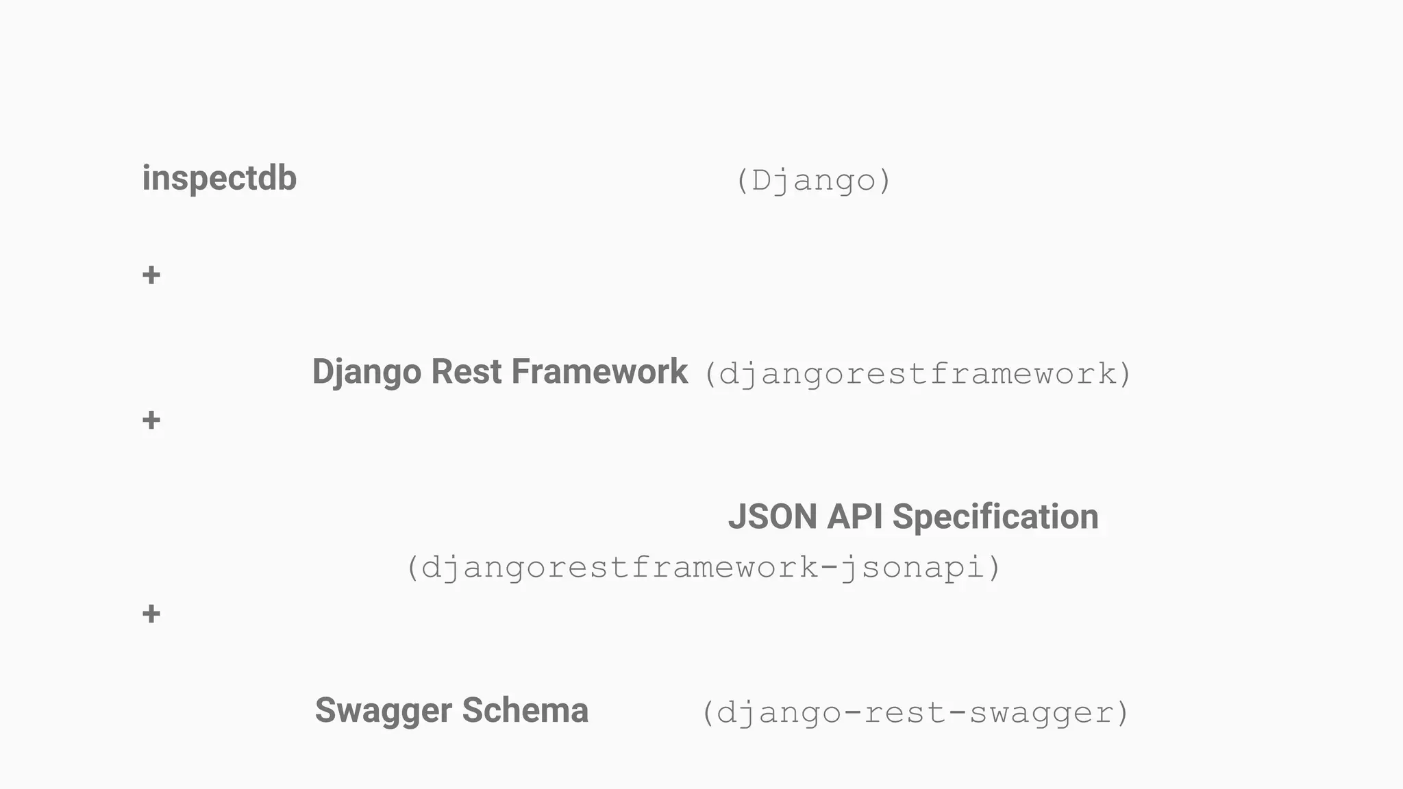 inspectdb (Django) + Django Rest Framework (djangorestframework) + JSON API Specification (djangorestframework-jsonapi) + Swagger Schema (django-rest-swagger)