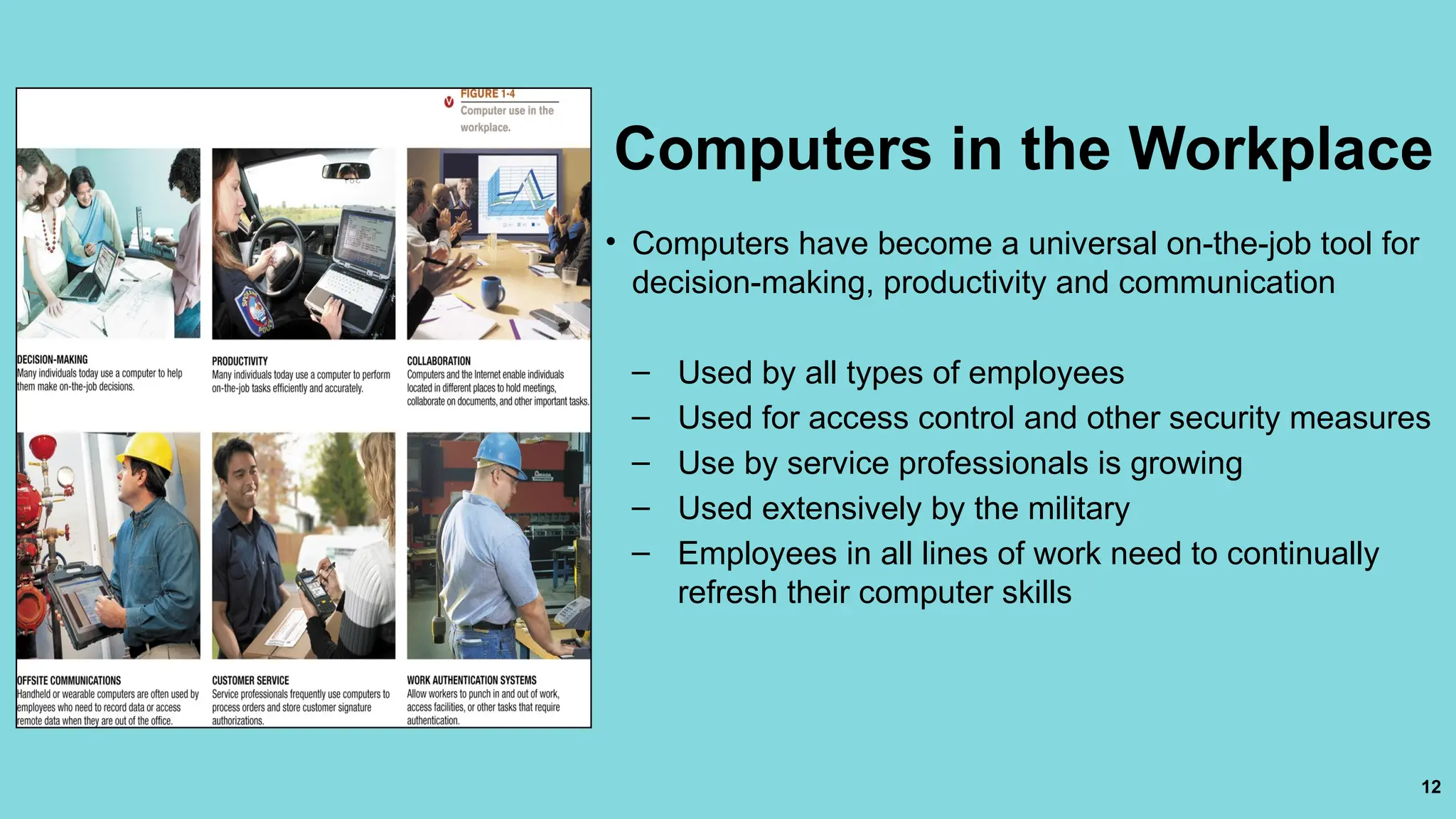 12
Computers in the Workplace
• Computers have become a universal on-the-job tool for
decision-making, productivity and communication
– Used by all types of employees
– Used for access control and other security measures
– Use by service professionals is growing
– Used extensively by the military
– Employees in all lines of work need to continually
refresh their computer skills
 