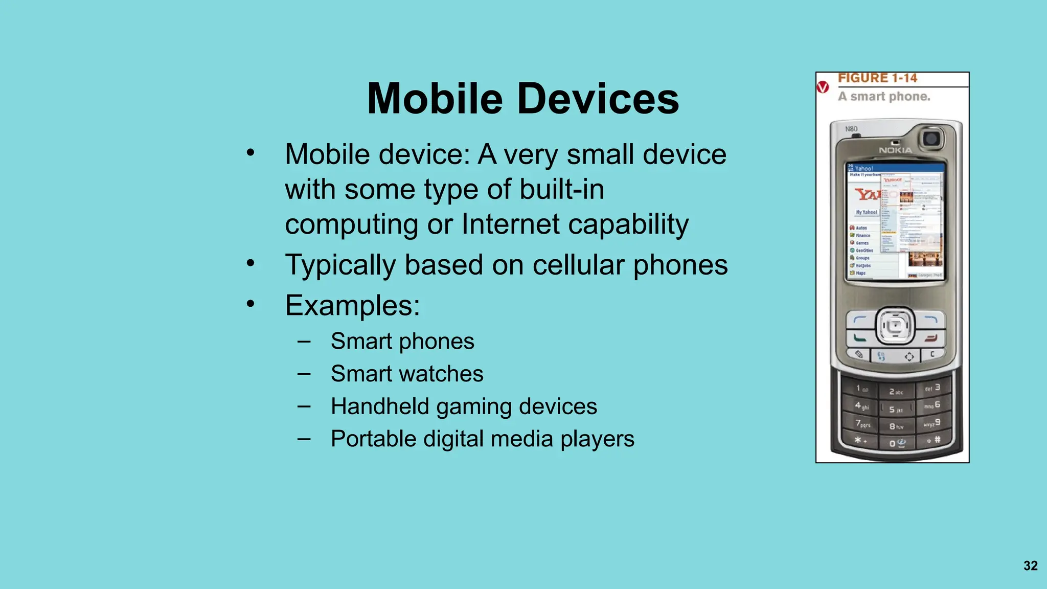 32
Mobile Devices
• Mobile device: A very small device
with some type of built-in
computing or Internet capability
• Typically based on cellular phones
• Examples:
– Smart phones
– Smart watches
– Handheld gaming devices
– Portable digital media players
 