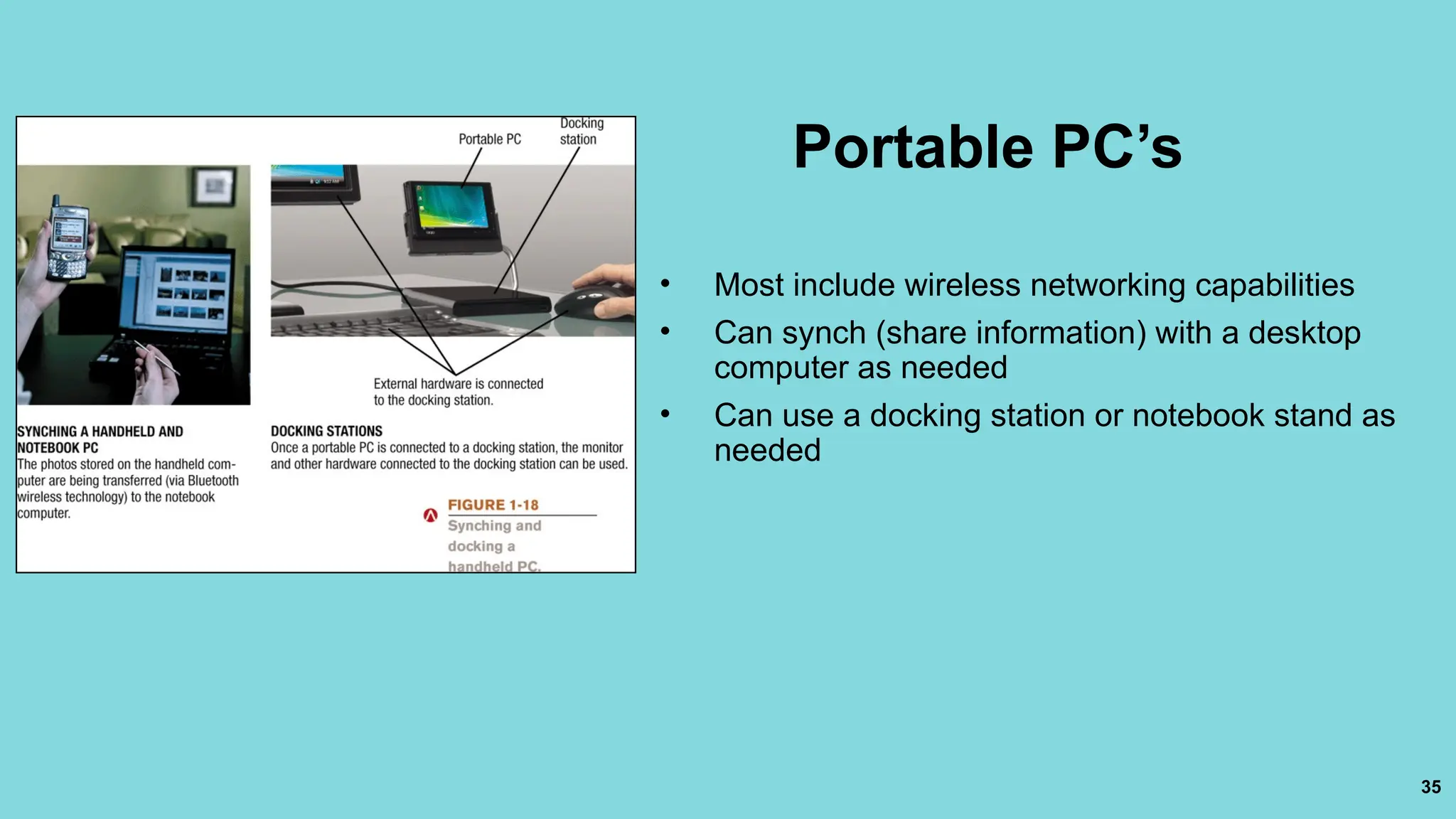 35
Portable PC’s
• Most include wireless networking capabilities
• Can synch (share information) with a desktop
computer as needed
• Can use a docking station or notebook stand as
needed
 