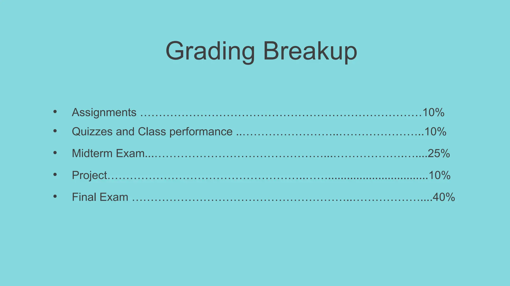 Grading Breakup
• Assignments …………………………………………………………………10%
• Quizzes and Class performance ..……………………..…………………..10%
• Midterm Exam...………………………………………...……………….…....25%
• Project……………………………………………..……................................10%
• Final Exam …………………………………………………..………………....40%
 