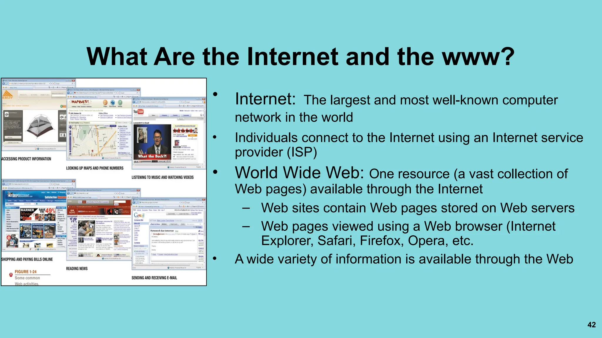 42
What Are the Internet and the www?
• Internet: The largest and most well-known computer
network in the world
• Individuals connect to the Internet using an Internet service
provider (ISP)
• World Wide Web: One resource (a vast collection of
Web pages) available through the Internet
– Web sites contain Web pages stored on Web servers
– Web pages viewed using a Web browser (Internet
Explorer, Safari, Firefox, Opera, etc.
• A wide variety of information is available through the Web
 