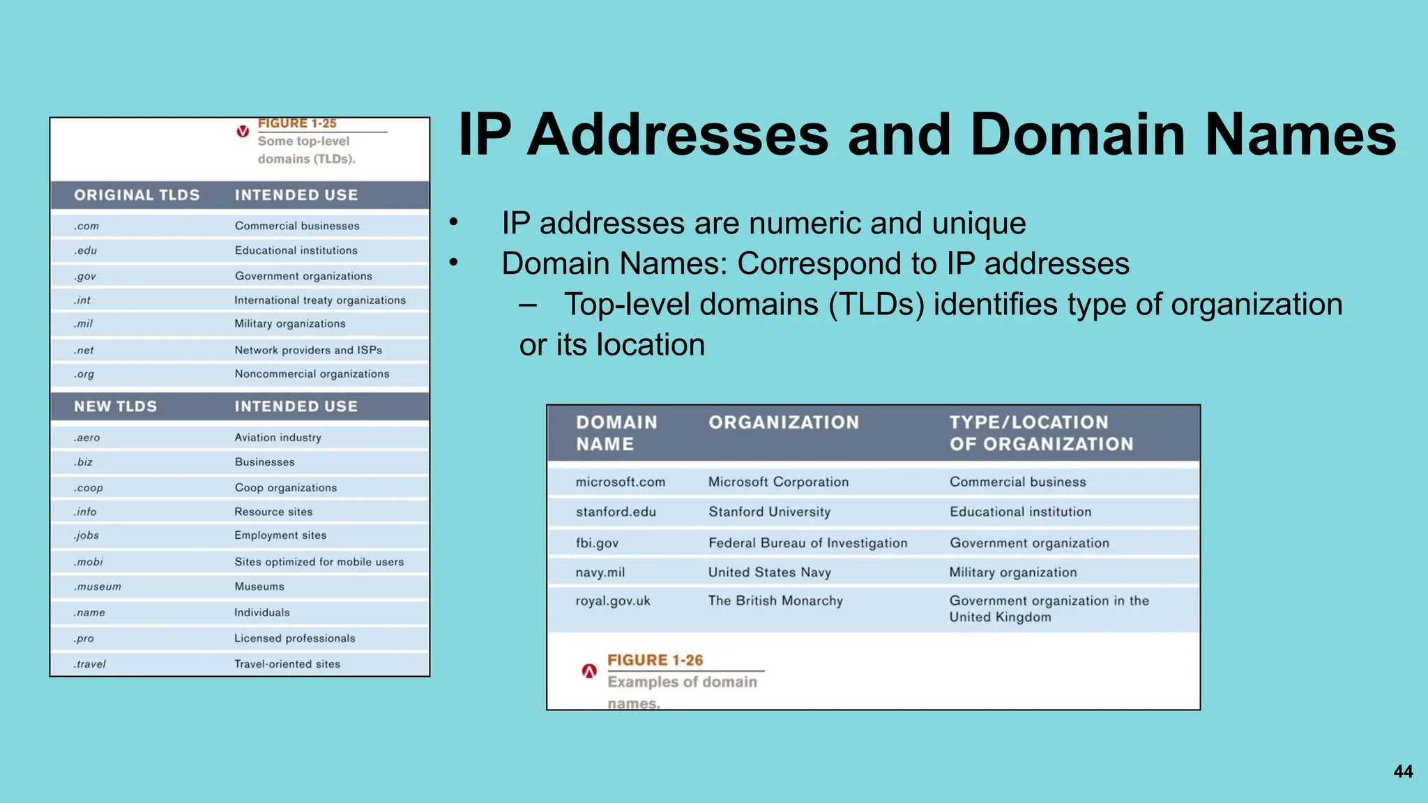 44
IP Addresses and Domain Names
• IP addresses are numeric and unique
• Domain Names: Correspond to IP addresses
– Top-level domains (TLDs) identifies type of organization
or its location
 