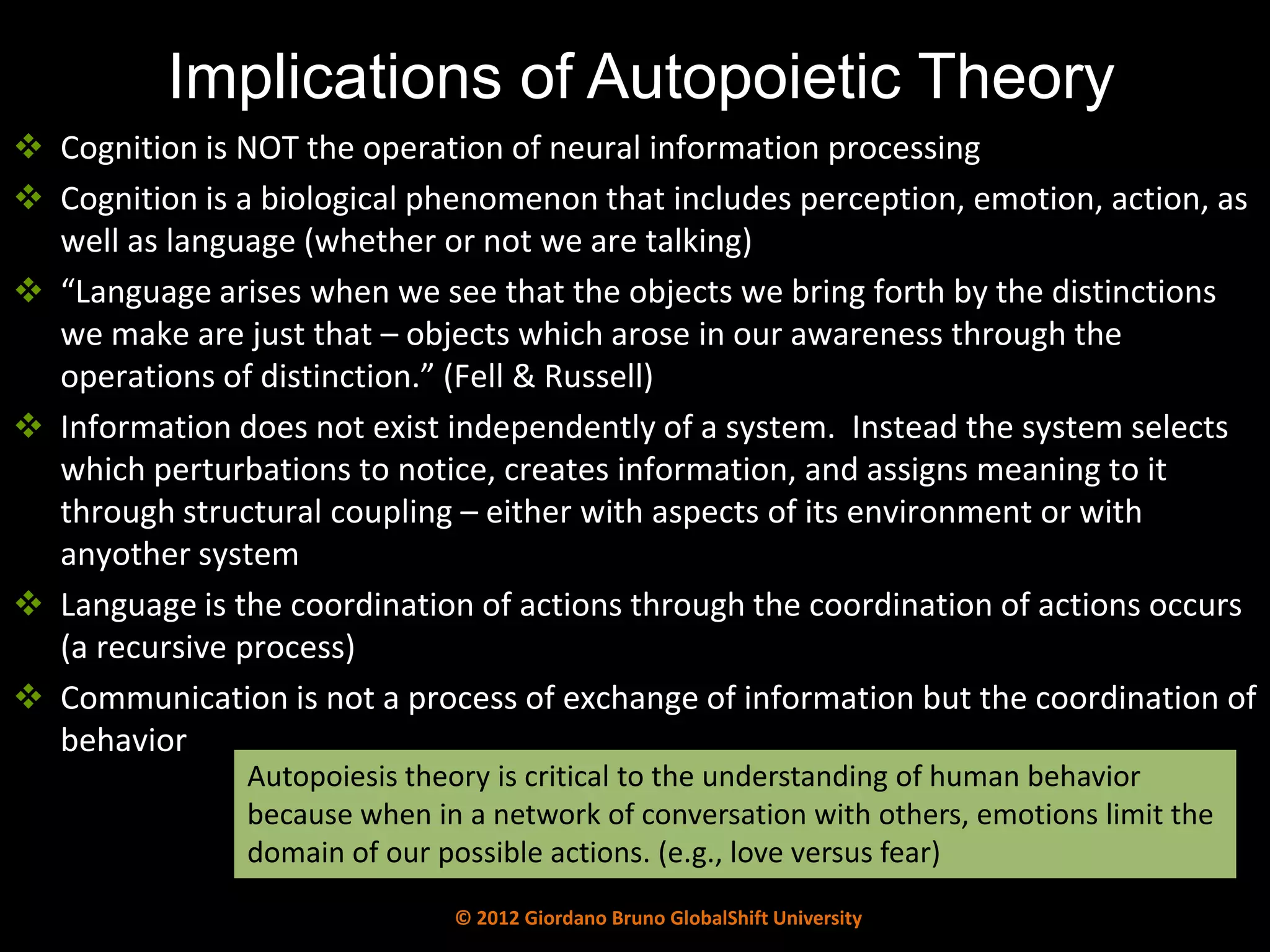 Implications of Autopoietic Theory
 Cognition is NOT the operation of neural information processing
 Cognition is a biological phenomenon that includes perception, emotion, action, as
  well as language (whether or not we are talking)
 “Language arises when we see that the objects we bring forth by the distinctions
  we make are just that – objects which arose in our awareness through the
  operations of distinction.” (Fell & Russell)
 Information does not exist independently of a system. Instead the system selects
  which perturbations to notice, creates information, and assigns meaning to it
  through structural coupling – either with aspects of its environment or with
  anyother system
 Language is the coordination of actions through the coordination of actions occurs
  (a recursive process)
 Communication is not a process of exchange of information but the coordination of
  behavior
               Autopoiesis theory is critical to the understanding of human behavior
               because when in a network of conversation with others, emotions limit the
               domain of our possible actions. (e.g., love versus fear)
                              © 2012 Giordano Bruno GlobalShift University
 