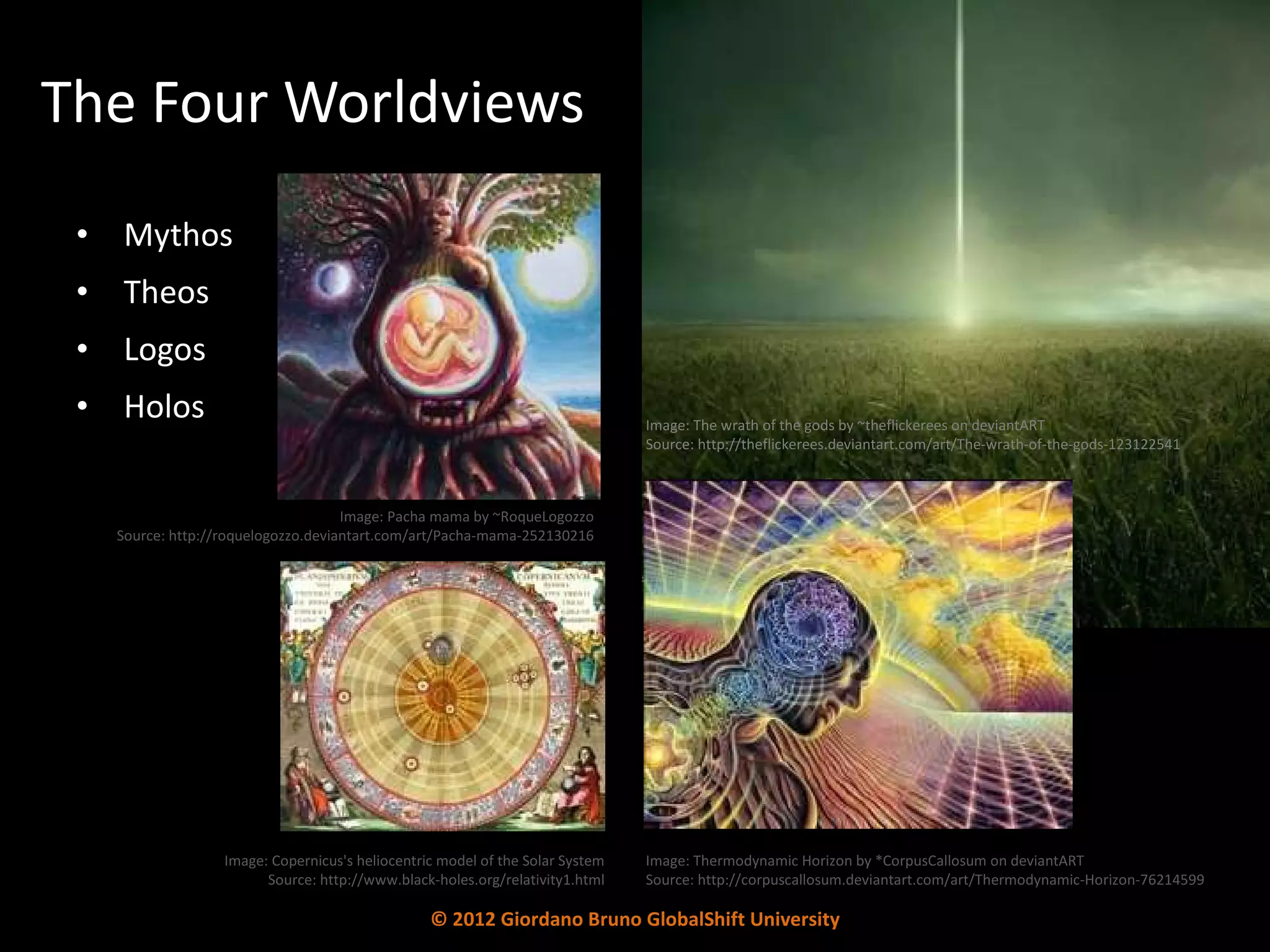 The Four Worldviews Mythos Theos Logos Holos  Image: Copernicus's heliocentric model of the Solar System Source: http://www.black-holes.org/relativity1.html Image: Thermodynamic Horizon by *CorpusCallosum on deviantART Source: http://corpuscallosum.deviantart.com/art/Thermodynamic-Horizon-76214599 Image: The wrath of the gods by ~theflickerees on deviantART Source: http://theflickerees.deviantart.com/art/The-wrath-of-the-gods-123122541 Image: Pacha mama by ~RoqueLogozzo Source: http://roquelogozzo.deviantart.com/art/Pacha-mama-252130216 © 2012 Giordano Bruno GlobalShift University 