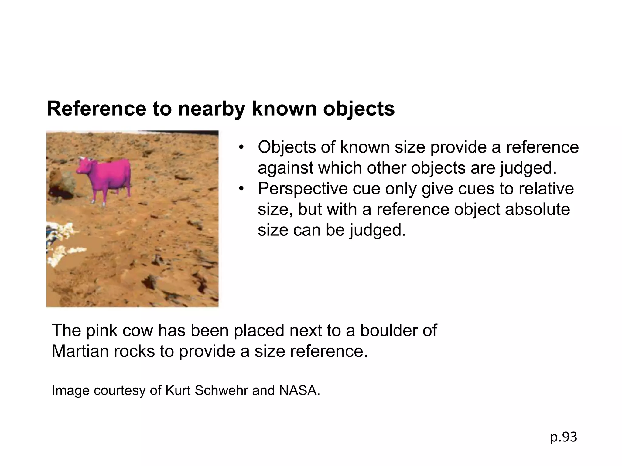 Reference to nearby known objects
                           • Objects of known size provide a reference
                             against which other objects are judged.
                           • Perspective cue only give cues to relative
                             size, but with a reference object absolute
                             size can be judged.




The pink cow has been placed next to a boulder of
Martian rocks to provide a size reference.

Image courtesy of Kurt Schwehr and NASA.


                                                                   p.93
 