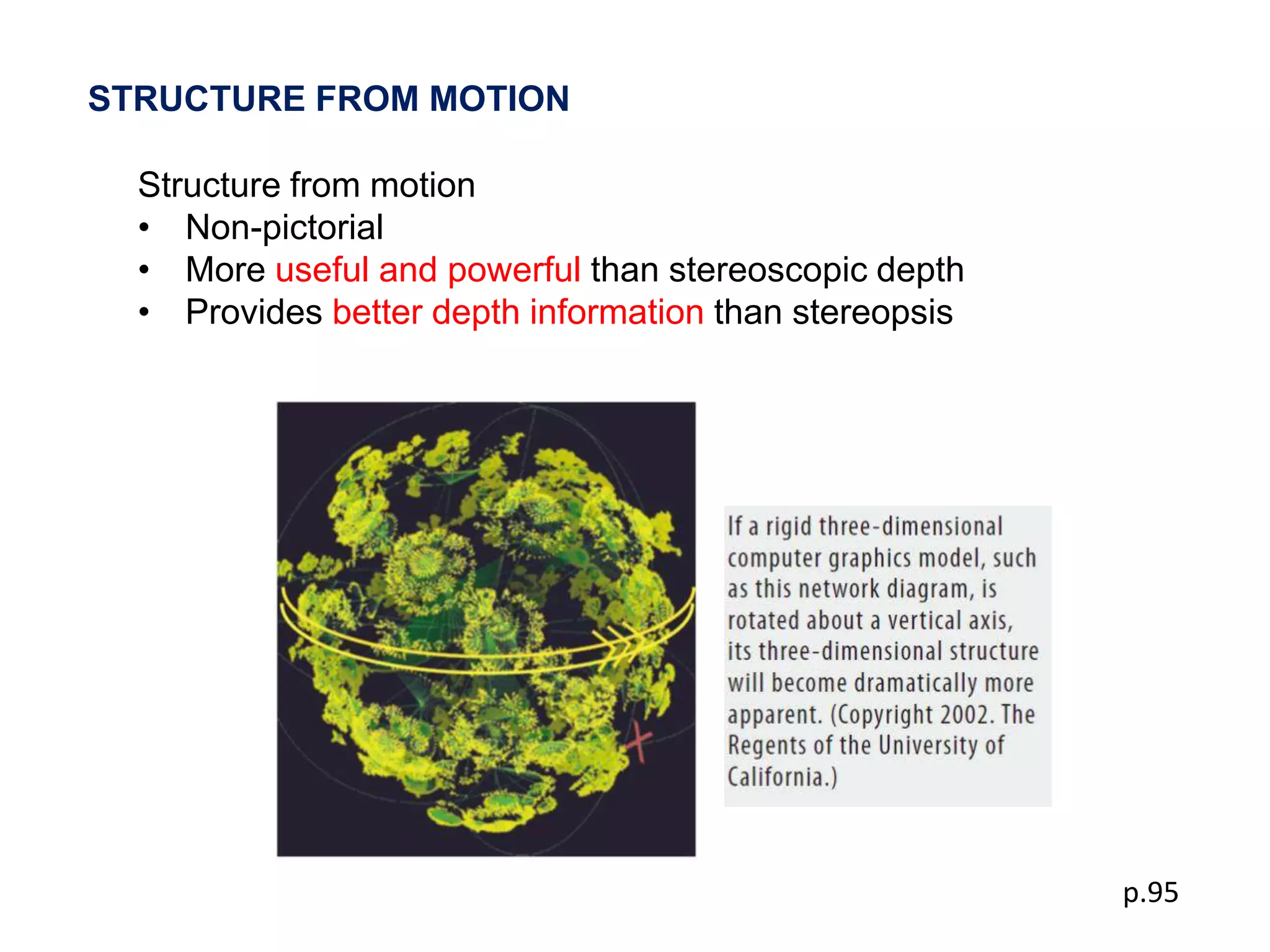 STRUCTURE FROM MOTION

  Structure from motion
  • Non-pictorial
  • More useful and powerful than stereoscopic depth
  • Provides better depth information than stereopsis




                                                        p.95
 