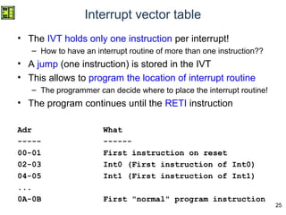 25
Interrupt vector table
• The IVT holds only one instruction per interrupt!
– How to have an interrupt routine of more than one instruction??
• A jump (one instruction) is stored in the IVT
• This allows to program the location of interrupt routine
– The programmer can decide where to place the interrupt routine!
• The program continues until the RETI instruction
Adr What
----- ------
00-01 First instruction on reset
02-03 Int0 (First instruction of Int0)
04-05 Int1 (First instruction of Int1)
...
0A-0B First "normal" program instruction
 