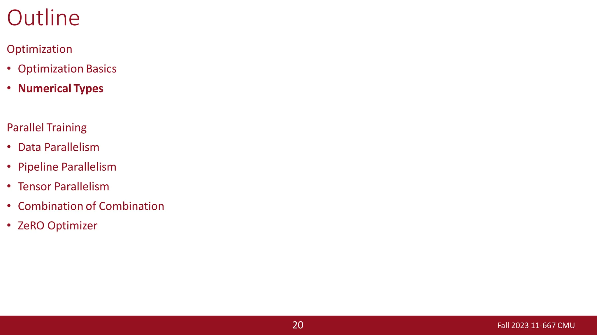 Fall 2023 11-667 CMU
20
Outline
Optimization
• Optimization Basics
• Numerical Types
Parallel Training
• Data Parallelism
• Pipeline Parallelism
• Tensor Parallelism
• Combination of Combination
• ZeRO Optimizer
 