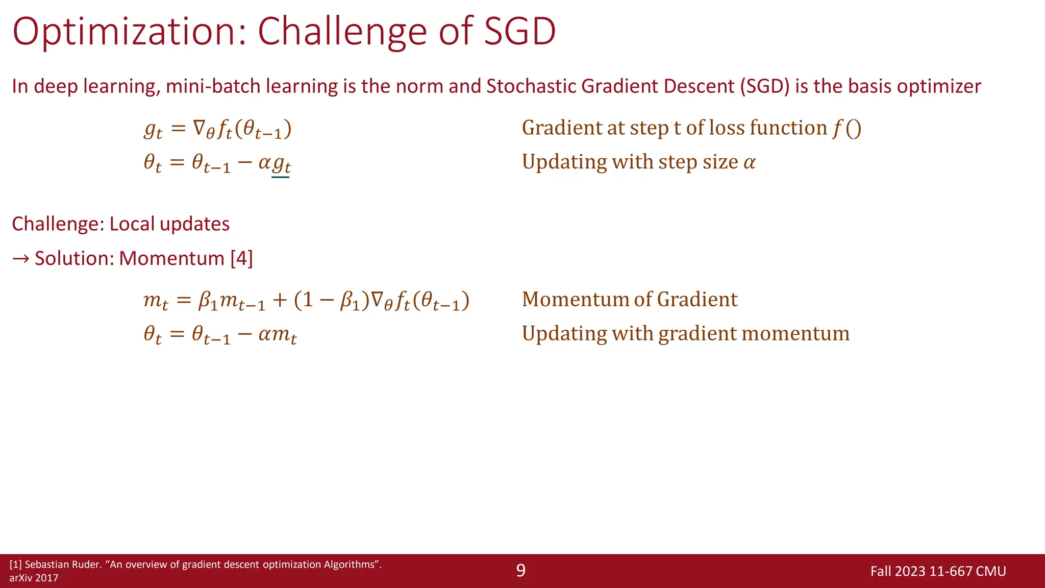 Fall 2023 11-667 CMU
9
Optimization: Challenge of SGD
In deep learning, mini-batch learning is the norm and Stochastic Gradient Descent (SGD) is the basis optimizer
Challenge: Local updates
→ Solution: Momentum [4]
𝑔𝑡 = ∇𝜃𝑓𝑡(𝜃𝑡−1) Gradient at step t of loss function 𝑓()
𝜃𝑡 = 𝜃𝑡−1 − 𝛼𝑔𝑡 Updating with step size 𝛼
𝑚𝑡 = 𝛽1𝑚𝑡−1 + (1 − 𝛽1)∇𝜃𝑓𝑡(𝜃𝑡−1) Momentum of Gradient
𝜃𝑡 = 𝜃𝑡−1 − 𝛼𝑚𝑡 Updating with gradient momentum
[1] Sebastian Ruder. “An overview of gradient descent optimization Algorithms”.
arXiv 2017
 