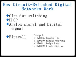 How Circuit-Switched Digital Networks Work ,[object Object],[object Object],[object Object],[object Object],Group A s1170135 Fuyuki Ito s1170140 Kazuho Okuyama s1170141 Keiya Kato s1170142 Eisuke Kamiya 