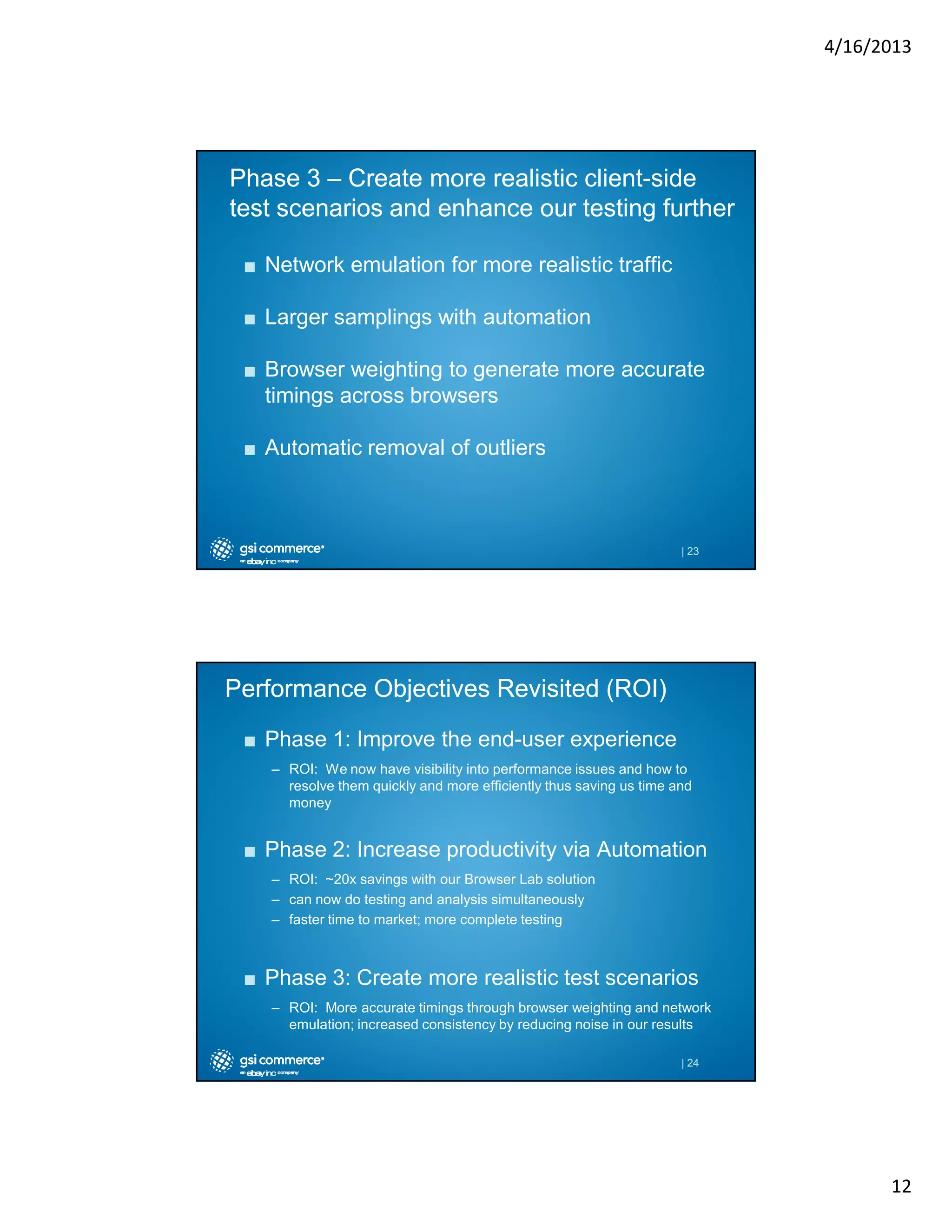 4/16/2013

Phase 3 – Create more realistic client-side
clienttest scenarios and enhance our testing further
■ Network emulation for more realistic traffic
■ Larger samplings with automation
■ Browser weighting to generate more accurate
timings across browsers
■ Automatic removal of outliers

| 23

Performance Objectives Revisited (ROI)
■ Phase 1: Improve the end-user experience
– ROI: We now have visibility into performance issues and how to
resolve them quickly and more efficiently thus saving us time and
money

■ Phase 2: Increase productivity via Automation
– ROI: ~20x savings with our Browser Lab solution
– can now do testing and analysis simultaneously
– faster time to market; more complete testing

■ Phase 3: Create more realistic test scenarios
– ROI: More accurate timings through browser weighting and network
emulation; increased consistency by reducing noise in our results
| 24

12

 