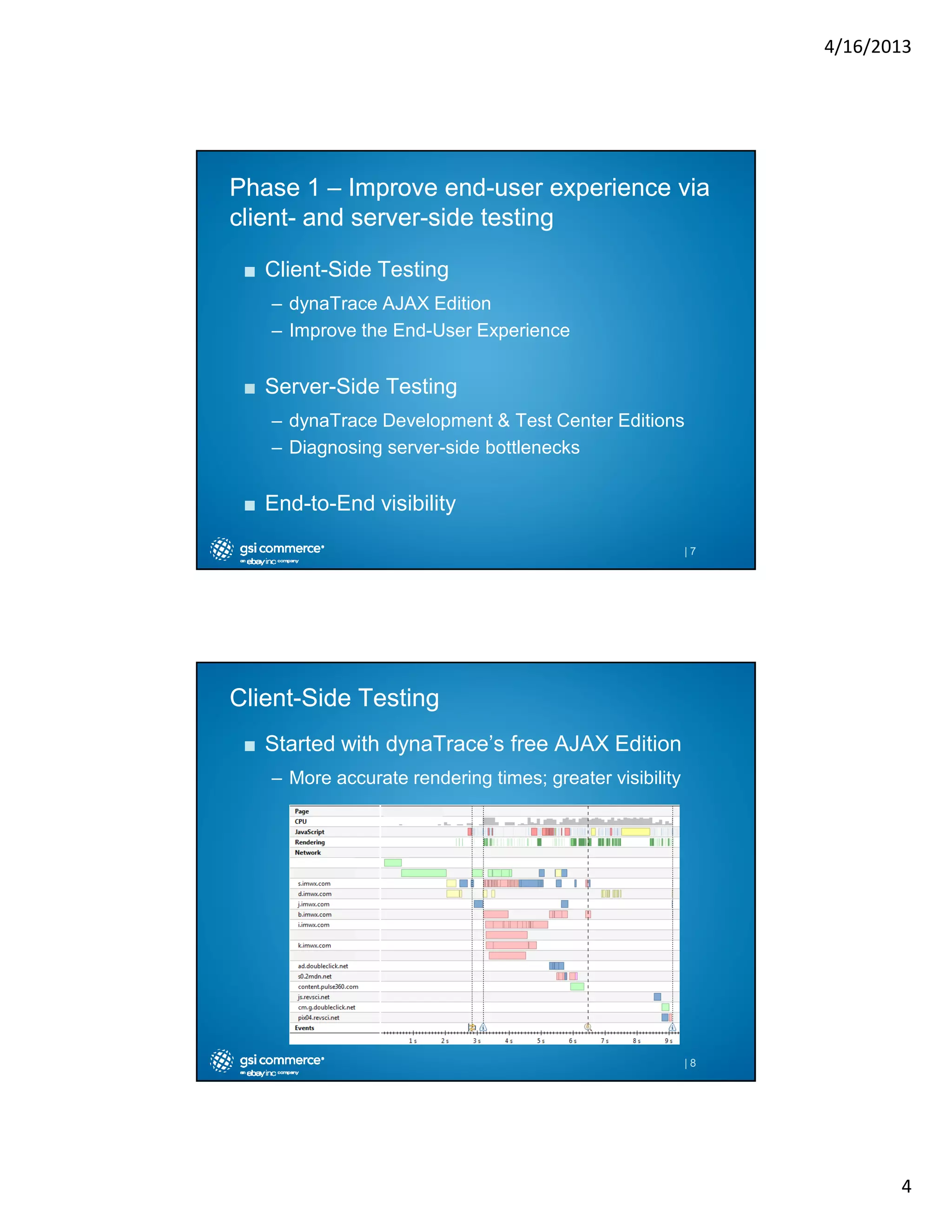 4/16/2013

Phase 1 – Improve end-user experience via
endclientclient- and server-side testing
server■ Client-Side Testing
– dynaTrace AJAX Edition
– Improve the End-User Experience

■ Server-Side Testing
– dynaTrace Development & Test Center Editions
– Diagnosing server-side bottlenecks

■ End-to-End visibility
|7

ClientClient-Side Testing
■ Started with dynaTrace’s free AJAX Edition
– More accurate rendering times; greater visibility

|8

4

 