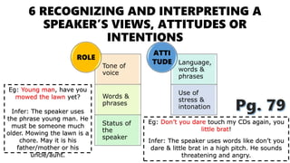6 RECOGNIZING AND INTERPRETING A
SPEAKER’S VIEWS, ATTITUDES OR
INTENTIONS
Tone of
voice
Words &
phrases
Status of
the
speaker
ROLE
Language,
words &
phrases
Use of
stress &
intonation
ATTI
TUDE
Eg: Young man, have you
mowed the lawn yet?
Infer: The speaker uses
the phrase young man. He
must be someone much
older. Mowing the lawn is a
chore. May it is his
father/mother or his
uncle/aunt.
Eg: Don’t you dare touch my CDs again, you
little brat!
Infer: The speaker uses words like don’t you
dare & little brat in a high pitch. He sounds
threatening and angry.
 