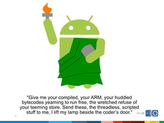 "Give me your compiled, your ARM, your huddled
      bytecodes yearning to run free, the wretched refuse of
     your teeming store. Send these, the threadless, scripted
        stuff to me, I lift my lamp beside the coder’s door."
10
 