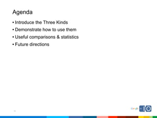 Agenda
• Introduce the Three Kinds
• Demonstrate how to use them
• Useful comparisons & statistics
• Future directions




11
 