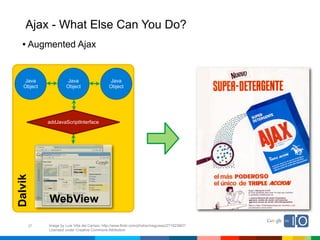 Ajax - What Else Can You Do?
  • Augmented Ajax


   Java              Java                     Java
   Object            Object                   Object




            addJavaScriptInterface
Dalvik




            WebView

     37     Image by Luis Villa del Campo; http://www.flickr.com/photos/maguisso/271623867/
            Licensed under Creative Commons Attribution
 