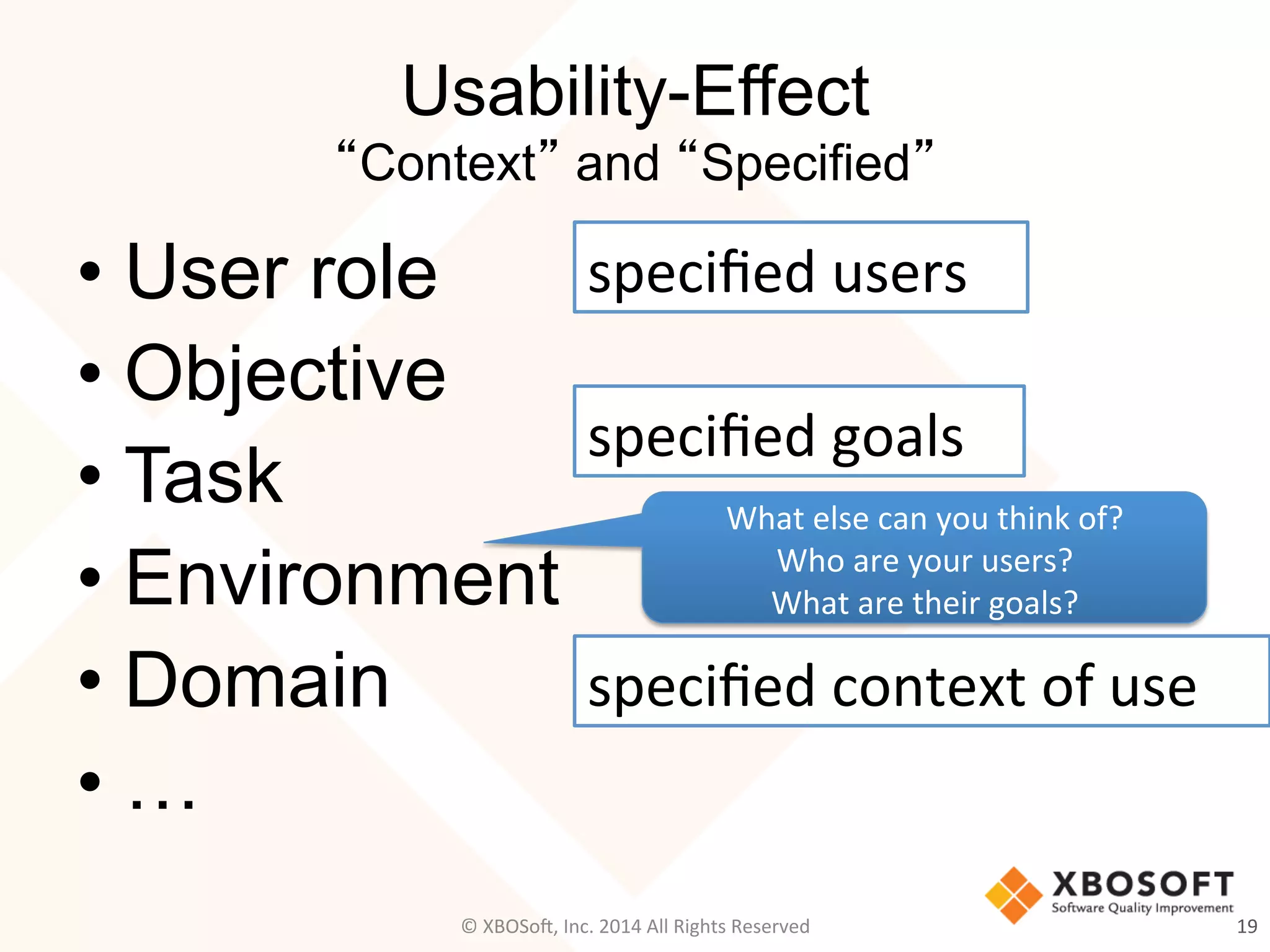 Usability-Effect
“Context” and “Specified”
• User role
• Objective
• Task
• Environment
• Domain
• …
19	
  
speciﬁed	
  users	
  
speciﬁed	
  goals	
  
speciﬁed	
  context	
  of	
  use	
  
What	
  else	
  can	
  you	
  think	
  of?	
  
Who	
  are	
  your	
  users?	
  
What	
  are	
  their	
  goals?	
  
©	
  XBOSo@,	
  Inc.	
  2014	
  All	
  Rights	
  Reserved	
  
 