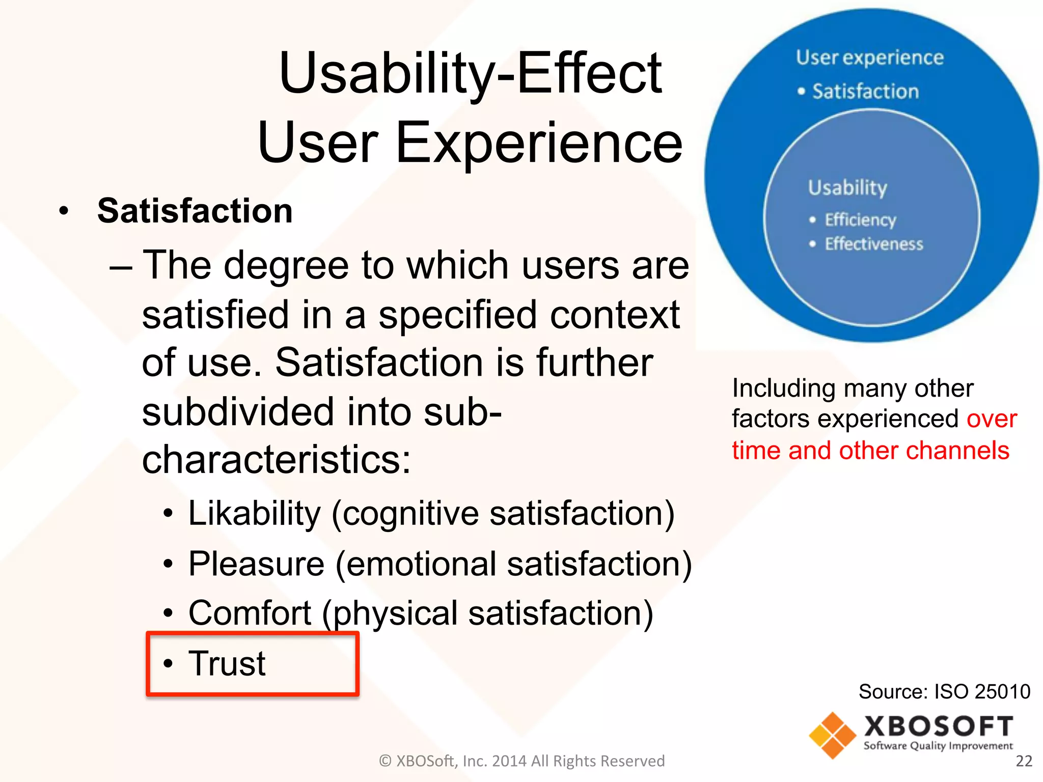 Source: ISO 25010	
Usability-Effect
User Experience
•  Satisfaction
– The degree to which users are
satisfied in a specified context
of use. Satisfaction is further
subdivided into sub-
characteristics:
•  Likability (cognitive satisfaction)
•  Pleasure (emotional satisfaction)
•  Comfort (physical satisfaction)
•  Trust
22	
  
Including many other
factors experienced over
time and other channels
©	
  XBOSo@,	
  Inc.	
  2014	
  All	
  Rights	
  Reserved	
  
 