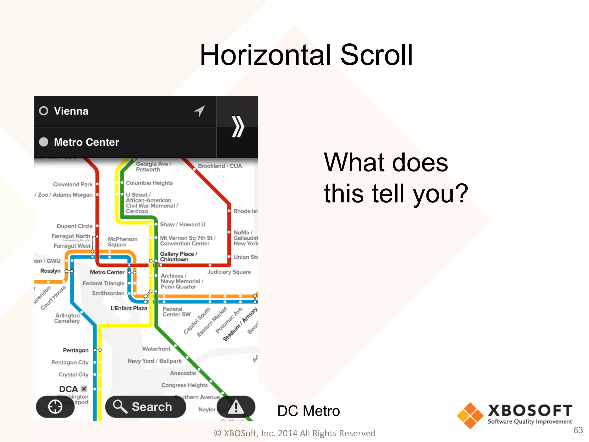 Horizontal Scroll
63	
  
What does
this tell you?
DC Metro
©	
  XBOSo@,	
  Inc.	
  2014	
  All	
  Rights	
  Reserved	
  
 