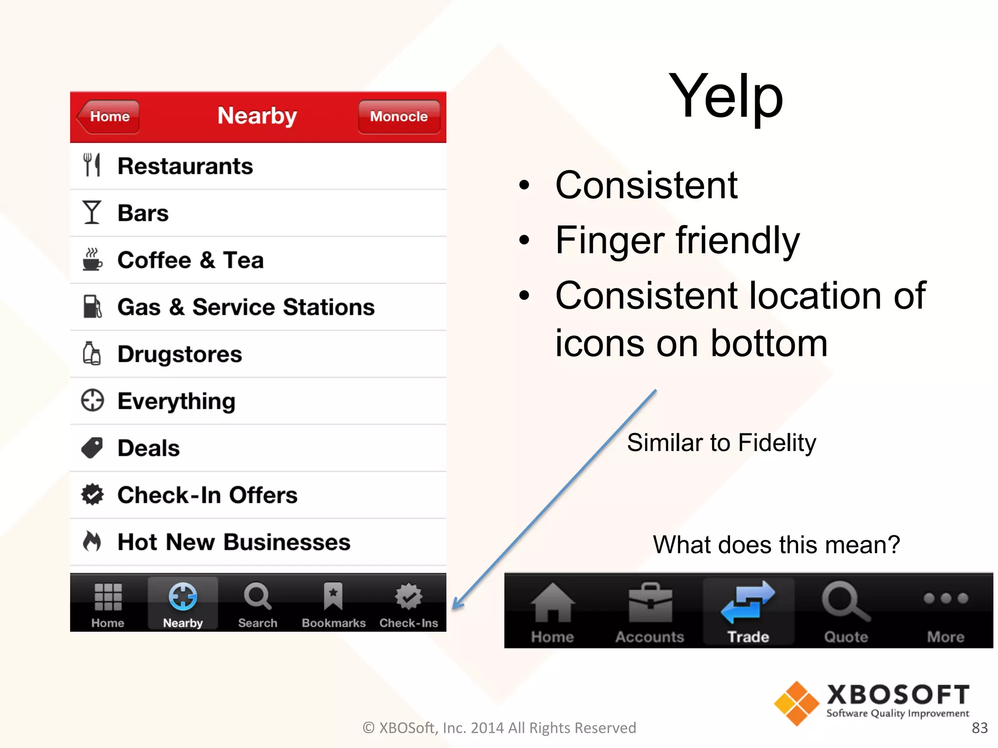 Yelp
•  Consistent
•  Finger friendly
•  Consistent location of
icons on bottom
83	
  
Similar to Fidelity
What does this mean?
©	
  XBOSo@,	
  Inc.	
  2014	
  All	
  Rights	
  Reserved	
  
 