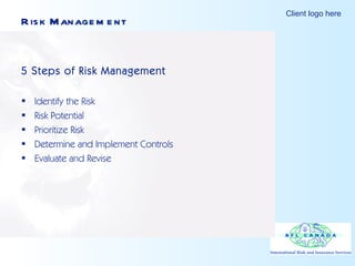 Risk Management 5 Steps of Risk Management Identify the Risk Risk Potential Prioritize Risk Determine and Implement Controls Evaluate and Revise 