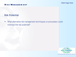 Risk Management Risk Potential What alternative risk management techniques or processes could  minimize the risk potential? 