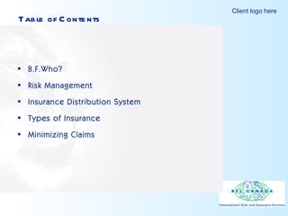 B.F.Who? Risk Management  Insurance Distribution System Types of Insurance Minimizing Claims Table of Contents 