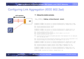 Matching Network Parameters between IBM System p and CISCO Networks



Configuring Link Aggregation (IEEE 802.3ad)
     LACP negotiation
                                         A. Debug the creation process:


                        ent0
                                         Cat_3560_1#debug etherchannel event
                        ent1   AIX
                        ent2
                                        %LINEPROTO-5-UPDOWN: Line protocol on Interface FastEthernet0/9, changed state to down
                                        %LINEPROTO-5-UPDOWN: Line protocol on Interface FastEthernet0/10, changed state to down

                                        FEC: lacp_fec_dontbundle_internal: Fa0/10
                                        FEC: lacp_fec_dontbundle_internal: Fa0/9

                                        %LINEPROTO-5-UPDOWN: Line protocol on Interface FastEthernet0/10, changed state to up
                                        %LINEPROTO-5-UPDOWN: Line protocol on Interface FastEthernet0/9, changed state to up

                                        FEC: lacp_fec_unbundle_internal: Fa0/10
                                        FEC: lacp_switch_add_port_to_associated_list: Fa0/10 added to list for Po1
                                        FEC: lacp_fec_unbundle_internal: Fa0/9

                                        FEC: lacp_switch_get_first_agg_id_from_admin_oper_keys: found aggregator Po1 for admin_key
                                             [0x1] and oper_key [0x1]

                                        FEC: lacp_switch_get_first_associated_port_from_agg_id: found port Fa0/10 associated to Po1
                                        FEC: lacp_switch_add_port_to_associated_list: Fa0/9 added to list for Po1

                                        %LINEPROTO-5-UPDOWN: Line protocol on Interface FastEthernet0/10, changed state to down
                                        %LINEPROTO-5-UPDOWN: Line protocol on Interface FastEthernet0/9, changed state to down

                                        FEC: lacp_switch_add_port_to_agport_internal: Fa0/9 added to aggregator Po1 list
                                        FEC: lacp_switch_add_port_to_agport_internal: Fa0/10 added to aggregator Po1 list

                                        %LINEPROTO-5-UPDOWN: Line protocol on Interface FastEthernet0/9, changed state to up
                                        %LINEPROTO-5-UPDOWN: Line protocol on Interface FastEthernet0/10, changed state to up

                                        %LINK-3-UPDOWN: Interface Port-channel1, changed state to up




14        Alexander Paul             IBM System p, AIX & Linux Aktuell 2008                              © 2007 IBM Corporation
 