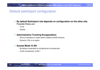 Matching Network Parameters between IBM System p and CISCO Networks



Default switchport configuration

     By default Switchport role depends on configuration on the other site.
     Possible Roles are:
      – Trunk
      – Access


     Administrative Trunking Encapsulation
      – Dot1q is standard on newer switch models and IOS Versions
      – Dynamic if ISL is an option


     Access Mode VLAN
      – By default a switchport is configured as an access port
      – VLAN membership: VLAN 1




29        Alexander Paul          IBM System p, AIX & Linux Aktuell 2008   © 2007 IBM Corporation
 