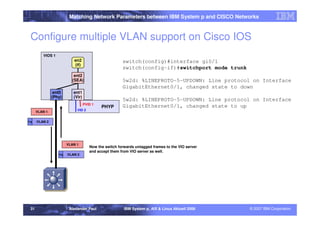 Matching Network Parameters between IBM System p and CISCO Networks



 Configure multiple VLAN support on Cisco IOS
         VIOS 1
                           en2                         switch(config)#interface gi0/1
                           (if)
                                                       switch(config-if)#switchport mode trunk
                           ent2
                          (SEA)                        5w2d: %LINEPROTO-5-UPDOWN: Line protocol on Interface
                                                       GigabitEthernet0/1, changed state to down
                ent0       ent1
               (Phy)       (Vir)
                                                       5w2d: %LINEPROTO-5-UPDOWN: Line protocol on Interface
                                   PVID 1
                                            PHYP       GigabitEthernet0/1, changed state to up
                             VID 2
      VLAN 1

Tag   VLAN 2




                        VLAN 1
                                      Now the switch forwards untagged frames to the VIO server
                                      and accept them from VIO server as well.
                  Tag   VLAN 2




 31                      Alexander Paul                 IBM System p, AIX & Linux Aktuell 2008    © 2007 IBM Corporation
 