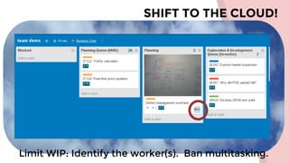SHIFT TO THE CLOUD!
Limit WIP: Identify the worker(s). Ban multitasking.
 