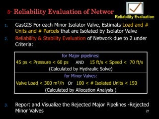 21
1. GasGIS For each Minor Isolator Valve, Estimats Load and #
Units and # Parcels that are Isolated by Isolator Valve
2. Reliability & Stability Evaluation of Network due to 2 under
Criteria:
3. Report and Visualize the Rejected Major Pipelines -Rejected
Minor Valves
5- Reliability Evaluation of Network
for Major pipelines:
45 ps < Pressure < 60 ps AND 15 ft/s < Speed < 70 ft/s
(Calculated by Hydraulic Solve)
for Minor Valves:
Valve Load < 300 m³/h Or 100 < # Isolated Units < 150
(Calculated by Allocation Analysis )
 