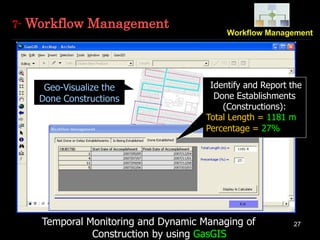 27Temporal Monitoring and Dynamic Managing of
Construction by using GasGIS
7- Workflow Management
Identify and Report the
Done Establishments
(Constructions):
Total Length = 1181 m
Percentage = 27%
Geo-Visualize the
Done Constructions
 