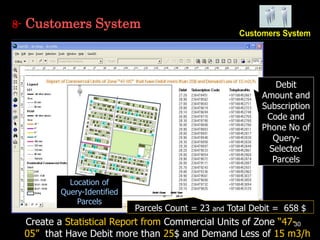 30Create a Statistical Report from Commercial Units of Zone “47-
05” that Have Debit more than 25$ and Demand Less of 15 m3/h
8- Customers System
Parcels Count = 23 and Total Debit = 658 $
Debit
Amount and
Subscription
Code and
Phone No of
Query-
Selected
Parcels
Location of
Query-Identified
Parcels
 