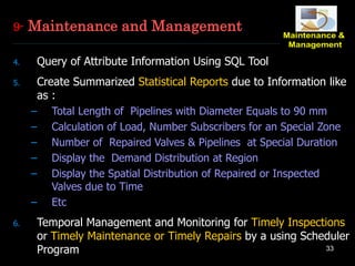 33
9- Maintenance and Management
4. Query of Attribute Information Using SQL Tool
5. Create Summarized Statistical Reports due to Information like
as :
– Total Length of Pipelines with Diameter Equals to 90 mm
– Calculation of Load, Number Subscribers for an Special Zone
– Number of Repaired Valves & Pipelines at Special Duration
– Display the Demand Distribution at Region
– Display the Spatial Distribution of Repaired or Inspected
Valves due to Time
– Etc
6. Temporal Management and Monitoring for Timely Inspections
or Timely Maintenance or Timely Repairs by a using Scheduler
Program
 