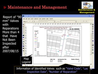 34
9- Maintenance and Management
Report of "90
mm" Valves
with
Reparations
More than 4
that Have
Not Been
Inspected
after
2007/08/15
Information of Identified Valves such as “Valve Code”, “Las
Inspection Date”, ”Number of Reparation”
Map
Legend
 