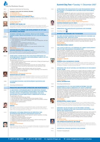 08:15 Registration, Refreshments And Networking
08:45 CHAIRMEN’S WELCOME AND OPENING REMARKS
Azizollah Ramezani
Gas Distribution Director
Board Member National Iranian Gas Company
NATIONAL IRANIAN GAS COMPANY (NIGC)
Azizollah holds a BS in General Engineering from PUT and a MBA from UOW. He is a member of the
International Gas Union (IGU) and a member of IGU programming committee D (LNG). He has been a
board member of NIGC since 1996.
H. Dan Danesh, P. Eng.
Managing Director
QENERGY, ABU DHABI, UAE
Dan has initiated and managed Lootah BC Gas a UAE/Canadian Joint Venture company successfully
implementing Gas distribution and transmission assignments in the UAE and the Region. He is presently the
Managing Director of QEnergy in Abu Dhabi, a Joint Venture between Al Qudrah and Lootah BC Gas.
SUSTAINABLE PLANNING AND DEVELOPMENT OF CITY GAS
NETWORKS CONTINUED
09:00 AVOIDING MISTAKES AND LEARNING FROM SUCCESS STORIES:
LESSONS LEARNT FROM DEVELOPMENT OF CITY GAS NWTWORKS IN
IRAN
In this presentation, the following topics will be discussed:
• A brief introduction of NIGC’s organization and main activities
• A brief introduction of gas sources, existing and future gas treating plants, and main
gas transmission lines
• Development of city gas distribution networks in Iran.
• Development of gas supply to industries, and power plants
• Development of gas supply as CNG
• Engineering, construction and operation of city gas network activities in Iran
Bijan Ochani
Head Standardization Affairs
NATIONAL IRANIAN GAS COMPANY (NIGC)
Bijan is a Gas Engineer graduate from University of Abadan. His experiences at NIGC include Gas
Conservation Engineer, Head of Gas Industries department, and Deputy of Engineering and Technical
Services Affairs. He is presently the Head of Standardization Affairs at NIGC.
09:30 OVERCOMING MAJOR ISSUES AND CHALLENGES PERTAINING TO
NETWORK DESIGN, PLANNING AND DEVELOPMENT ASPECTS OF CITY
GAS DISTRIBUTION PROJECT
This presentation will focus on:
• Effective demand analysis, techno-economic optimization of design and engineering of
Assets (network, equipment, etc.)
• Planning and development of infrastructure
• Effective utilization of technological advancements like GIS, SCADA, AMR, etc.
• Incorporation of safety measures and improvements in future operations, at the
planning stage
• Judicious and pragmatic trade-off between safety and cost of project
• Sharing the experiences of Mahanagar Gas Limited of operating a CGD network for
about 12 years in a city like Mumbai
Raghunath Kulai
General Manager (Planning and Engineering)
MAHANAGAR GAS LIMITED
Raghunath is a Mechanical Engineer with a total industrial experience of 25 years in Gas and Power sector;
including an experience of about 11 years in Mahanagar Gas Limited (a Joint Venture of BG Group (UK),
and Gas Authority of India Limited (India). Currently, he is working as Head of Planning, Engineering and
Project Development activities.
10:00 SUSTAINABLE PLANNING AND DEVELOPMENT QUESTIONS AND
ANSWERS
10:15 Networking And Refreshments
PROACTIVE AND EFFICIENT OPERATION AND MAINTENANCE
10:45 GUARANTEEING NETWORK RELIABILITY BY DEPLOYING THE BEST-
IN-CLASS, NON-INVASIVE REMOTE MONITORING AND INSPECTION
SYSTEMS: SETTING UP DEPENDABLE MONITORING AND DATA
MANAGEMENT SYSTEMS THROUGHOUT OPERATIONS IN NATGAS
This presentation will cover:
• Efﬁcient Remote Monitoring in gas industry
• New telecommunication technologies (Virtual private networks, Wimax)
• Services with direct impact to the monitoring system (VoIP, IP surveillance cameras)
• SCADA platform to access company resources
• System Security and Redundancy
Khaled Farid
SCADA Manager
NATGAS
Khaled Farid has 10 years of experience as telecommunication engineer .He joined Natgas Company in
2005 to implement latest state of the art technologies in data communication with its direct impact to
the gas industry. He took the responsibility to establish Natgas SCADA system and Crisis Room facility to
monitor, control, and manage gas process in the company.
11:15 OPTIMIZING NETWORK OPERATIONS BY DEPLOYING NEW
TECHNIQUES FOR UPDATING MAINTENANCE MANUALS
This paper will highlight effective methods deployed to optimize operations including:
• Components of the new system
• Organization and Responsibilities of the teams
• Samples of electronic maintenance manual
• Integration of maintenance manuals with emergency vehicles monitoring system
• Long term and short term beneﬁts of the new system
Nader Nashaat
Abu Dhabi Branch Manager
NATGAS
Nader joined Petrogas Company in 1995. He was responsible for PRS operation and maintenance. He joined
Natgas Company in the year 1999 and took the responsibility of technical affairs management .He has been
Natgas branch manager in Abu Dhabi since 2006.
11:45 OVERCOMING THE CHALLENGES OF IN-LINE TRANSMISSION TESTING
BY UTILIZING CUSTOMIZED TESTS AND SPECIALIZED MONITORING
SOFTWARES
This presentation highlights the applications of specialized and customized softwares
which are used at NIGC to calculate and accumulate the result of essential in-line
tests such as: quality control of products at point of entry, weld man testing, industrial
radiography, pneumatic tests, hydrostatic tests, and tightness test after gas transfusion. The
use of the software eliminates induced human error and provides deﬁnitive answers on
integrity of networks and minimizes the need for resetting networks.
Ebrahim Mohseni (Co-author: Mohsen Sabzpooshani)
Technical Inspection Expert (Co-author: Analyst and Programmer)
NATIONAL IRANIAN GAS CO. (NIGC)
Ebrahim holds a BS in Technical Inspection and Safety and a MS in EMBA from Industrial Management
Institute. He was employed at NIOC offshore for 6 years prior to joining NIGC in 2002. He is an expert in
radiography, trained by the American Society of Non-destructive Testing.
12:30 OPERATIONS AND MAINTENANCE QUESTIONS AND ANSWERS
12:45 Networking Lunch
DIVERSIFYING DEMAND: KEY TO SUCCESS
14:00 SECURING BUSINESS GROWTH: THE EVOLUTION OF A NATURAL GAS
INFRASTRUCTURE - THE EGYPT STUDY
This presentation will outline the development of Natural Gas business in Egypt over the
last 30 years. It will walk you through the involvement of the private sector over time and
the progress to multi-utility businesses in relation to natural gas utilization in Egypt.
Khaled AbuBakr
Managing Director
TAQA ARAB ENERGY GROUP
14:30 CNG CLEAN & SAFE FUEL: AN OVERVIEW OF CURRENT DEVELOPMENT
AND FUTURE CHALLENGES IN THE MIDDLE EAST
In this presentation, Ubaidallah will review the socio-economical and environmental
beneﬁts of CNG. He will then analyse the current challenges that the Middle East region
is facing in adopting and converting to CNG from resource availability to complications
of mass-conversion. He will then brieﬂy discuss the future opportunities for the region
in relation to CNG. You will be able to leave this session knowledgeable of the beneﬁts
of CNG as an alternative fuel for your cities and the challenges you need to overcome to
realize its beneﬁts.
Ubaidallah S. Alghamdi
President
ARABIAN FUELS TECHNOLOGY CENTER
Ubaidallah is a widely recognized expert in the ﬁeld of petroleum product speciﬁcation and quality issues.
With over 30 years of experience in the ﬁeld, he is an excellent consultant and an on the applied technical
applications of various fuels. The Arabian Fuels Technology Centre is a division of Alghamdi Engineering
Consulting Firm. Ubaidallah is currently the president of the ﬁrm.
15:00 EXPANDING THE USE OF NATURAL GAS FOR VEHICLES IN THE EMIRATE
OF ABU DHABI
Natural Gas Vehicles will play a signiﬁcant part in greatly reducing city pollution caused
by exhaust emissions from vehicles operating on traditional liquid fuels. Following the
positive results and feedback from the NGV Pilot Project in Abu Dhabi, the Abu Dhabi
Executive Council has ordered the formation of a steering committee chaired by the
Abu Dhabi Environment Agency. Members include other relevant authorities and Adnoc
Distribution, to enable the NGV implementation program in the Emirate of Abu Dhabi
to be fast-tracked. This presentation will proﬁle the success to this point and the plans for
implementing a fully operational Natural Gas ﬁlling station infrastructure.
Senior Consultant
ADNOC DISTRIBUTION
15:30 Networking And Refreshments
16:00 INTEGRATION OF CITY GAS AND POWER NETWORKS, THE NEW
MODEL FOR SUCCESSFUL OPERATION OF UTILITY COMPANIES
Natural gas lends itself well to distributed generation with high utilization and conversion
efﬁciencies. In emerging economies with rapid unpredictable growth, centralized utility
plants become a hindrance for development and growth, with non-realistic demand
forecasting. Gas networks coupled to distributed and onsite co- and tri-generation address
those issues, open a higher value market for natural gas and paves the way for a new
breed of utility companies, an integrated high-efﬁciency energy utility company able to
meet customer requirements on-demand. We examine some of the key opportunities and
challenges facing this model.
Zeyad Almajed
General Manager
INTERNATIONAL ENERGY GROUP
Zeyad Almajed has a unique and varied experience spanning 13 years in multiple disciplines including 7
years as a technologist in US Fortune 500 Corporation Eaton/Cutler Hammer, 5 years in business and policy
development TECOM, Dubai Development and Investment Authority and Dubai Holding, as well as his
current post in International Energy Group, a leading regional alliance of energy technology companies.
16:30 EXPANDED USE OF NATURAL GAS IN THE ENERGY SYSTEMS—
POTENTIAL OPPORTUNITIES AND CHALLENGES FOR NATURAL GAS-
DRIVEN AIR CONDITIONING
This presentation will ﬁrst review the global opportunities for natural gas, and in particular
the strategic advantage of the Middle East for its access to vast resources of natural gas.
Areas of opportunities for expanded use of natural gas will be reviewed with a particular
focus on the natural gas-driven air conditioning for small, medium, and large-scale
applications. Recent advances and future challenges will be reviewed and brieﬂy
discussed.
Dr. Michael Ohadi
Chief Academic Ofﬁcer and Acting Executive Director,
THE PETROLEUM INSTITUTE, ABU DHABI
Dr. Ohadi is a professor of Mechanical Engineering and Chief Academic Ofﬁcer/Acting Executive Director
at the Petroleum Institute (PI) in Abu Dhabi. Prior to joining the PI he served as professor and co-director of
Center for Environmental Energy Engineering at the University of Maryland (USA). His research and areas of
expertise include advanced heat exchangers and thermal management systems.
17:00 DIVERSIFYING DEMAND QUESTION AND ANSWERS
17:15 Chairmen’s Closing Remarks
T: (971) 4 360 2865 F: (971) 4 360 4481 E: register@iqpc.ae W: www.citygassummit.com/sales
Summit Day Two • Tuesday 11 December 2007
City Gas Distribution Summit
 