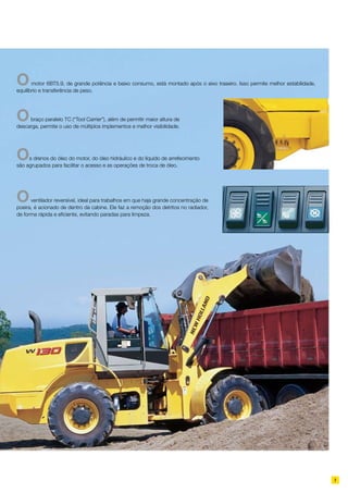 7
Omotor 6BT5.9, de grande potência e baixo consumo, está montado após o eixo traseiro. Isso permite melhor estabilidade,
equilíbrio e transferência de peso.
Obraço paralelo TC (“Tool Carrier”), além de permitir maior altura de
descarga, permite o uso de múltiplos implementos e melhor visibilidade.
Os drenos do óleo do motor, do óleo hidráulico e do líquido de arrefecimento
são agrupados para facilitar o acesso e as operações de troca de óleo.
Oventilador reversível, ideal para trabalhos em que haja grande concentração de
poeira, é acionado de dentro da cabine. Ele faz a remoção dos detritos no radiador,
de forma rápida e eficiente, evitando paradas para limpeza.
 