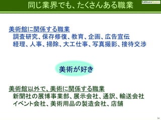 Fatherhood;
it’s the best job on the planet

同じ業界でも、たくさんある職業

美術館に関係する職業
調査研究、保存修復、教育、企画、広告宣伝
経理、人事、掃除、大工仕事、写真撮影、接待交渉

美術が好き
美術館以外で、美術に関係する職業
新聞社の展博事業部、展示会社、通訳、輸送会社
イベント会社、美術用品の製造会社、店舗
34

 