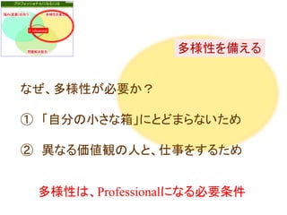 多様性を備える
なぜ、多様性が必要か？

① 「自分の小さな箱」にとどまらないため
② 異なる価値観の人と、仕事をするため

多様性は、Professionalになる必要条件

 