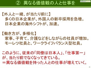 Fatherhood;
it’s the best job on the planet

② 異なる価値観の人と仕事を

【外人と一緒、が当たり前に】
多くの日本企業が、外国人の新卒採用を急増。
日本企業の海外シフトが、加速。
【働き方が、多様化】
家事、子育て、介護などをしながらの社員が増加。
モーレツ社員と、ワークライフバランス型社員。
このように、従来の「同僚は日本人」、「仕事第一」
が、当たり前でなくなってきている。
＝異なる価値観を持った人との仕事が増えていく。
38

 