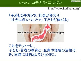 Fatherhood;
it’s the best job on the planet

NPO法人

コヂカラ・ニッポン
http://www.kodikara.org/

「子どものチカラで、社会が変わり
社会に役立つことで、子どもが伸びる」

これをモットーに、
子ども・若者の教育と、企業や地域の活性化
を、同時に目的としているNPO。
5

 
