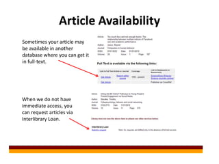 Article Availability
Sometimes your article may
be available in another
database where you can get it
in full-text.




When we do not have
immediate access, you
can request articles via
Interlibrary Loan.
 