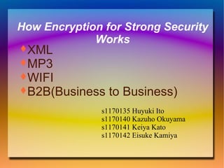 How Encryption for Strong Security Works s1170135 Huyuki Ito s1170140 Kazuho Okuyama s1170141 Keiya Kato s1170142 Eisuke Kamiya ,[object Object],[object Object],[object Object],[object Object]